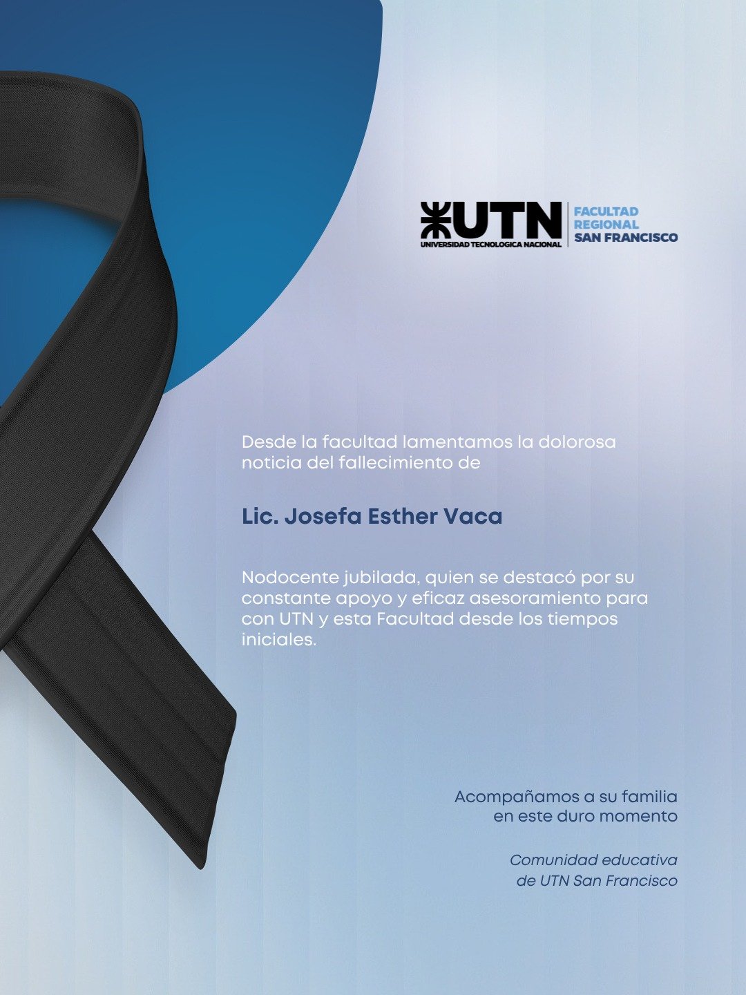 Pesar por el fallecimiento de la Lic. Josefa Esther Vaca, nodocente jubilada de UTN